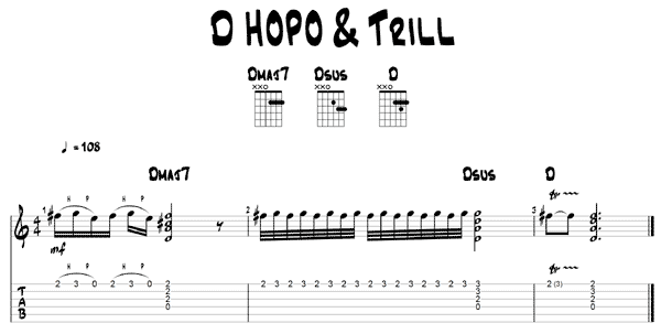 Trill and hammer on pull off example in D major